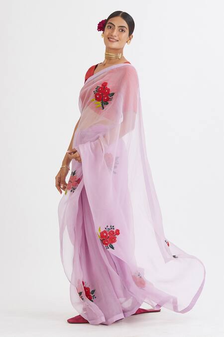 Peeli Dori_Purple Silk Organza Embroidery V Neck Saree With Blouse _Online_at_Aza_Fashions