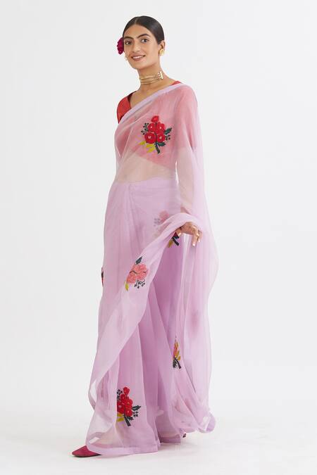Buy_Peeli Dori_Purple Silk Organza Embroidery V Neck Saree With Blouse _Online_at_Aza_Fashions