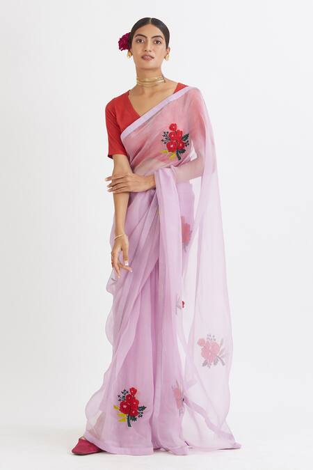 Shop_Peeli Dori_Purple Silk Organza Embroidery V Neck Saree With Blouse _Online_at_Aza_Fashions