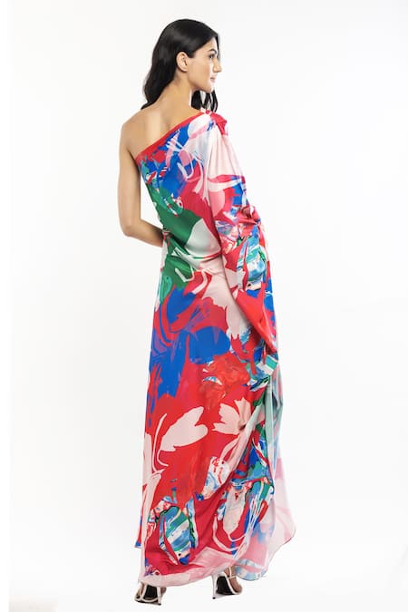 Shop Mandira Wirk Resort Red Satin Abstract One Shoulder Printed Kaftan at Aza Fashions Shop_Mandira Wirk Resort_Red Satin Abstract One Shoulder Printed Kaftan _at_Aza_Fashions