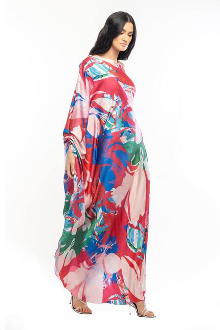 Mandira Wirk Resort Red Satin Abstract One Shoulder Printed Kaftan Online at Aza Fashions Mandira Wirk Resort_Red Satin Abstract One Shoulder Printed Kaftan _Online_at_Aza_Fashions