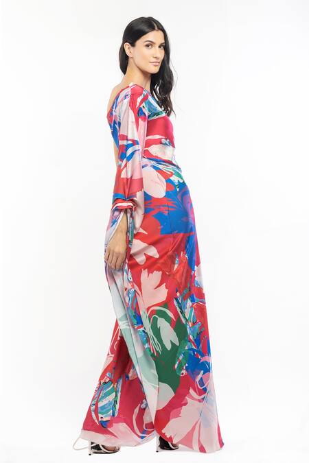 Buy Mandira Wirk Resort Red Satin Abstract One Shoulder Printed Kaftan Online at Aza Fashions Buy_Mandira Wirk Resort_Red Satin Abstract One Shoulder Printed Kaftan _Online_at_Aza_Fashions