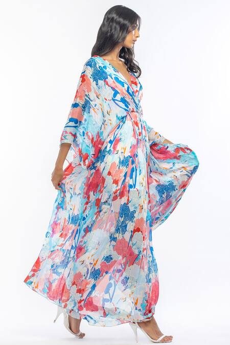 Mandira Wirk Resort Blue Chiffon Tropical Print V Neck Kaftan With Belt Online at Aza Fashions Mandira Wirk Resort_Blue Chiffon Tropical Print V Neck Kaftan With Belt _Online_at_Aza_Fashions