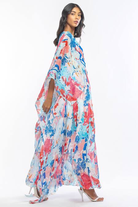 Buy Mandira Wirk Resort Blue Chiffon Tropical Print V Neck Kaftan With Belt Online at Aza Fashions Buy_Mandira Wirk Resort_Blue Chiffon Tropical Print V Neck Kaftan With Belt _Online_at_Aza_Fashions