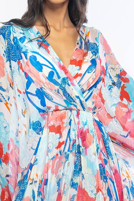 Shop Mandira Wirk Resort Blue Chiffon Tropical Print V Neck Kaftan With Belt Online at Aza Fashions Shop_Mandira Wirk Resort_Blue Chiffon Tropical Print V Neck Kaftan With Belt _Online_at_Aza_Fashions