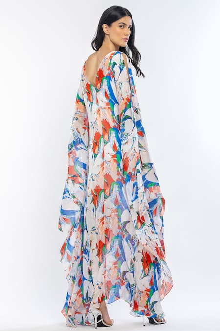 Shop Mandira Wirk Resort Multi Color Chiffon Abstract Motifs Plunge V Neck Print Kaftan at Aza Fashions Shop_Mandira Wirk Resort_Multi Color Chiffon Abstract Motifs Plunge V Neck Print Kaftan _at_Aza_Fashions