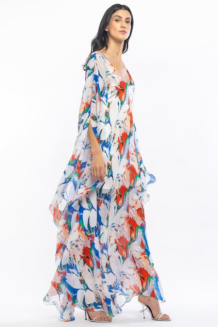 Mandira Wirk Resort Multi Color Chiffon Abstract Motifs Plunge V Neck Print Kaftan Online at Aza Fashions Mandira Wirk Resort_Multi Color Chiffon Abstract Motifs Plunge V Neck Print Kaftan _Online_at_Aza_Fashions