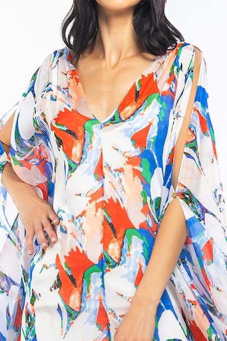 Buy Mandira Wirk Resort Multi Color Chiffon Abstract Motifs Plunge V Neck Print Kaftan Online at Aza Fashions Buy_Mandira Wirk Resort_Multi Color Chiffon Abstract Motifs Plunge V Neck Print Kaftan _Online_at_Aza_Fashions