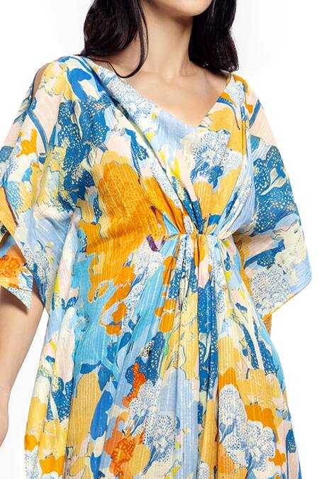 Buy_Mandira Wirk Resort_Yellow Cotton Lurex Tropical Motifs Cowl Neck Print Kaftan _Online_at_Aza_Fashions