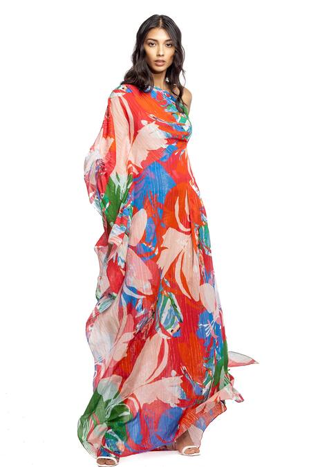 Buy_Mandira Wirk_Red Cotton Lurex Abstract Motifs One Shoulder Printed Kaftan_Online_at_Aza_Fashions
