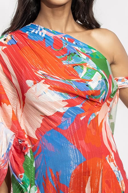 Shop_Mandira Wirk_Red Cotton Lurex Abstract Motifs One Shoulder Printed Kaftan_Online_at_Aza_Fashions
