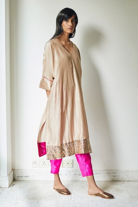 Juniper Women Off-White Cotton Cambric Printed Kalidar Kurta & Pants S