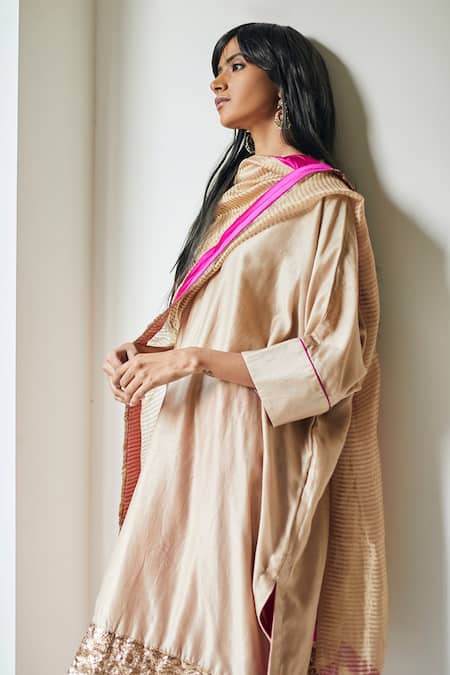 Buy_Shorshe Clothing_Beige Chanderi And Silk V Neck Kurta & Pant Set _Online_at_Aza_Fashions