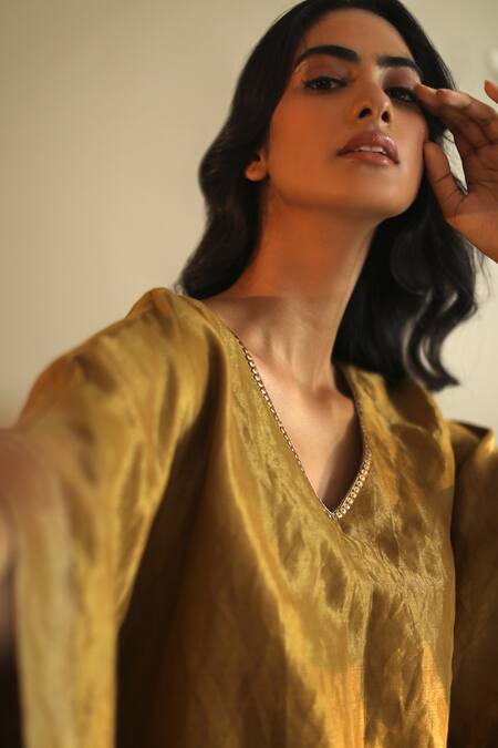 Shorshe Clothing_Gold Handloom Tissue V Neck Kaftan Tunic _Online_at_Aza_Fashions