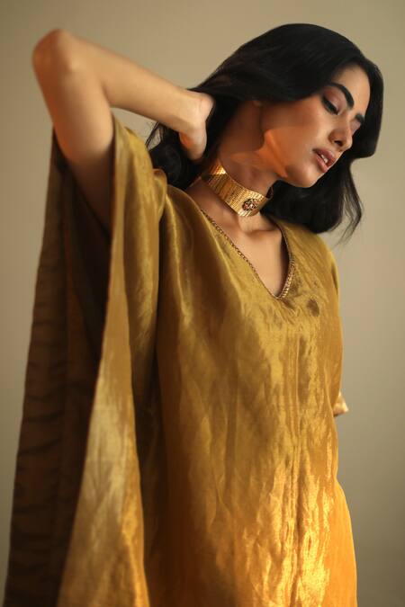 Buy_Shorshe Clothing_Gold Handloom Tissue V Neck Kaftan Tunic _Online_at_Aza_Fashions