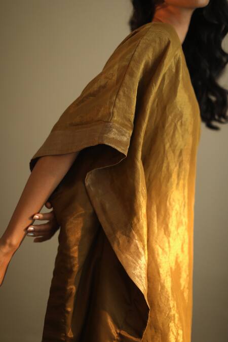 Shop_Shorshe Clothing_Gold Handloom Tissue V Neck Kaftan Tunic _Online_at_Aza_Fashions