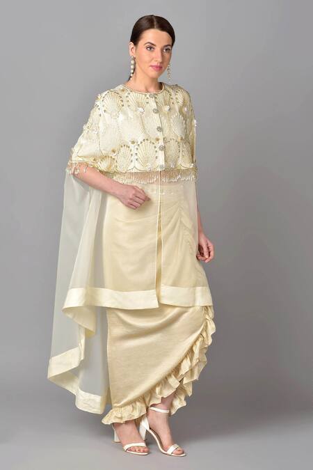 Keith Gomes White Silk, Organza, Georgette Round Embroidered Cape And Skirt Set Online at Aza Fashions Keith Gomes_White Silk, Organza, Georgette Round Embroidered Cape And Skirt Set _Online_at_Aza_Fashions
