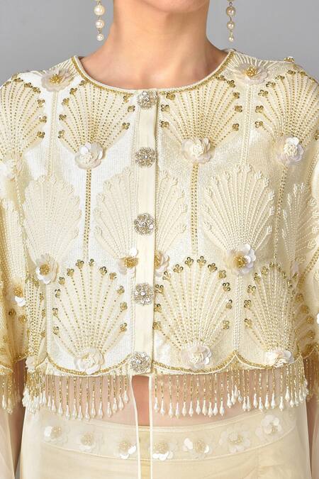 Shop Keith Gomes White Silk, Organza, Georgette Round Embroidered Cape And Skirt Set Online at Aza Fashions Shop_Keith Gomes_White Silk, Organza, Georgette Round Embroidered Cape And Skirt Set _Online_at_Aza_Fashions