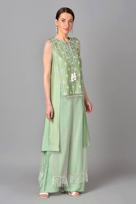 Keith Gomes_Green Organza, Chanderi Silk Round Tunic And Palazzo Set _Online_at_Aza_Fashions