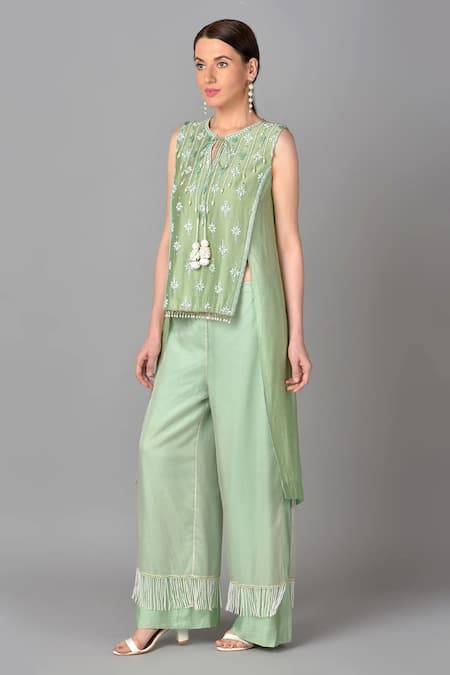 Buy_Keith Gomes_Green Organza, Chanderi Silk Round Tunic And Palazzo Set _Online_at_Aza_Fashions