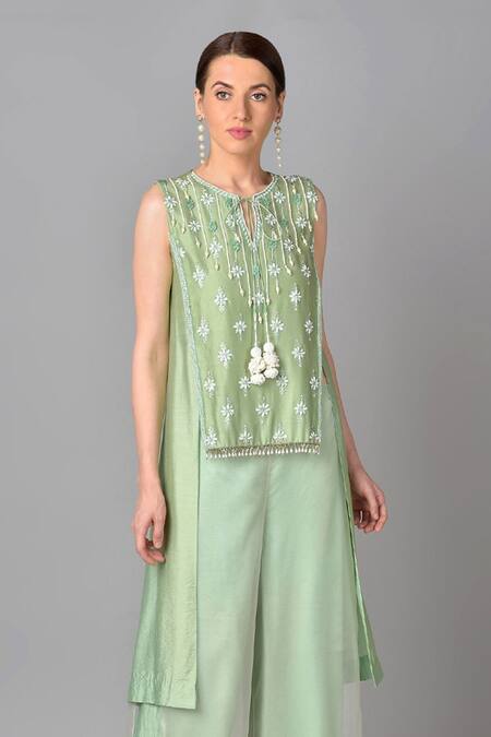 Shop_Keith Gomes_Green Organza, Chanderi Silk Round Tunic And Palazzo Set _Online_at_Aza_Fashions