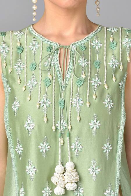 Keith Gomes_Green Organza, Chanderi Silk Round Tunic And Palazzo Set _at_Aza_Fashions