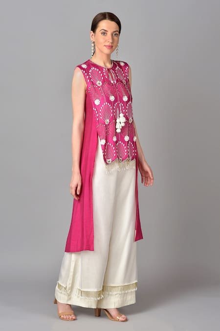Keith Gomes_Pink Organza, Georgette, Cotton Silk Round Chanderi Tunic And Palazzo Set _Online_at_Aza_Fashions