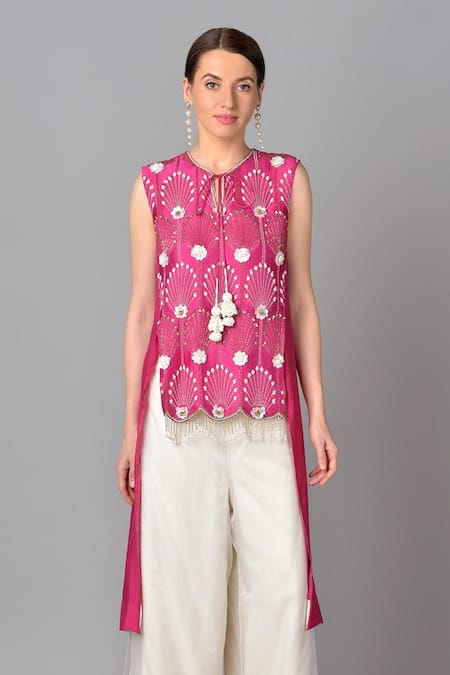 Shop_Keith Gomes_Pink Organza, Georgette, Cotton Silk Round Chanderi Tunic And Palazzo Set _Online_at_Aza_Fashions