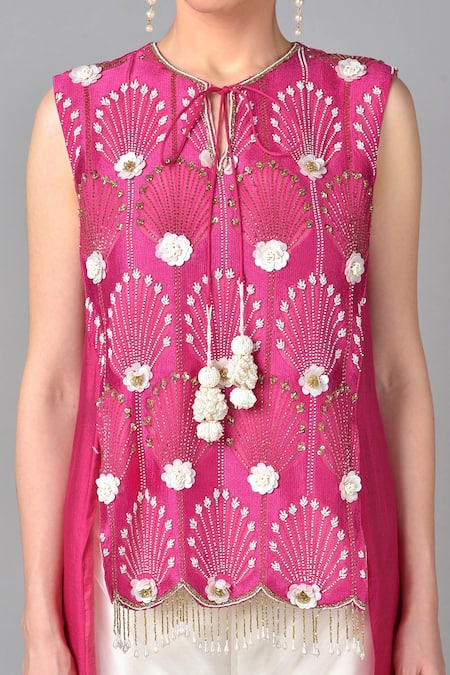 Keith Gomes_Pink Organza, Georgette, Cotton Silk Round Chanderi Tunic And Palazzo Set _at_Aza_Fashions