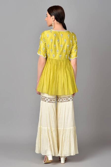 Shop Keith Gomes Green Chanderi, Silk, Chiffon Crush V Neck Tunic And Sharara Set at Aza Fashions Shop_Keith Gomes_Green Chanderi, Silk, Chiffon Crush V Neck Tunic And Sharara Set _at_Aza_Fashions