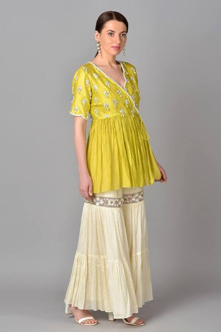 Keith Gomes Green Chanderi, Silk, Chiffon Crush V Neck Tunic And Sharara Set Online at Aza Fashions Keith Gomes_Green Chanderi, Silk, Chiffon Crush V Neck Tunic And Sharara Set _Online_at_Aza_Fashions