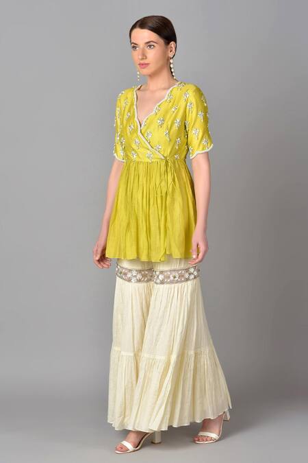 Buy Keith Gomes Green Chanderi, Silk, Chiffon Crush V Neck Tunic And Sharara Set Online at Aza Fashions Buy_Keith Gomes_Green Chanderi, Silk, Chiffon Crush V Neck Tunic And Sharara Set _Online_at_Aza_Fashions