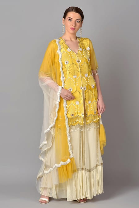Keith Gomes Yellow Silk, Organza, Net, Georgette V Neck Embroidered Kurta Set
