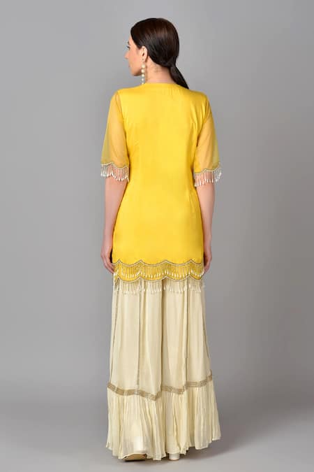 Shop Keith Gomes Yellow Silk, Organza, Net, Georgette V Neck Embroidered Kurta Set at Aza Fashions Shop_Keith Gomes_Yellow Silk, Organza, Net, Georgette V Neck Embroidered Kurta Set _at_Aza_Fashions