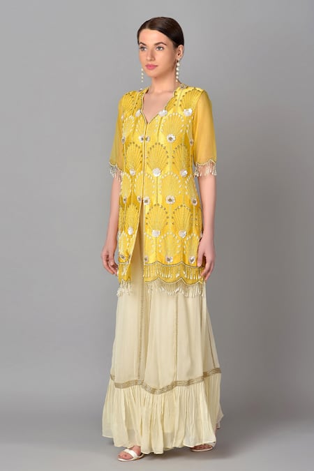 Shop Keith Gomes Yellow Silk, Organza, Net, Georgette V Neck Embroidered Kurta Set Online at Aza Fashions Shop_Keith Gomes_Yellow Silk, Organza, Net, Georgette V Neck Embroidered Kurta Set _Online_at_Aza_Fashions
