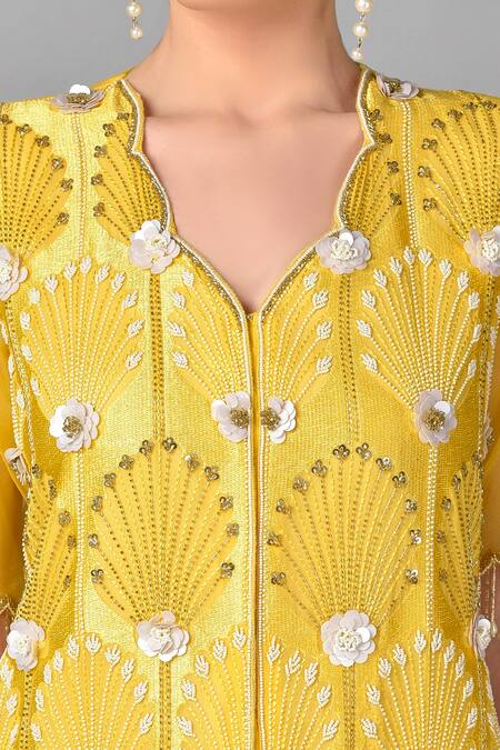 Keith Gomes Yellow Silk, Organza, Net, Georgette V Neck Embroidered Kurta Set at Aza Fashions Keith Gomes_Yellow Silk, Organza, Net, Georgette V Neck Embroidered Kurta Set _at_Aza_Fashions