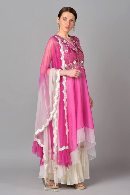 Keith Gomes Pink Silk, Organza, Net, Georgette V Neck Embroidered Kurta Set Online at Aza Fashions Keith Gomes_Pink Silk, Organza, Net, Georgette V Neck Embroidered Kurta Set _Online_at_Aza_Fashions