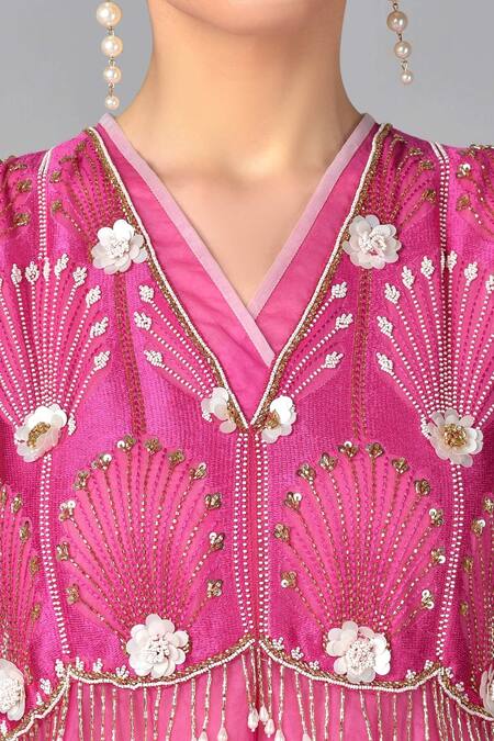 Shop Keith Gomes Pink Silk, Organza, Net, Georgette V Neck Embroidered Kurta Set Online at Aza Fashions Shop_Keith Gomes_Pink Silk, Organza, Net, Georgette V Neck Embroidered Kurta Set _Online_at_Aza_Fashions