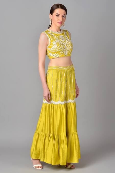 Keith Gomes_Green Organza, Cotton Silk Round Embroidered Sharara Set _Online_at_Aza_Fashions