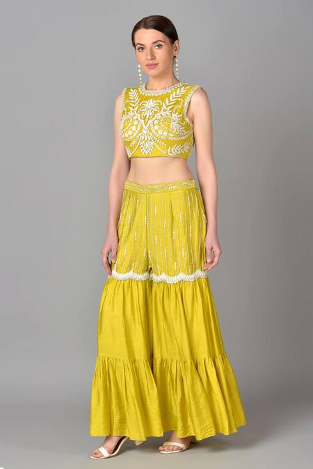 Buy_Keith Gomes_Green Organza, Cotton Silk Round Embroidered Sharara Set _Online_at_Aza_Fashions