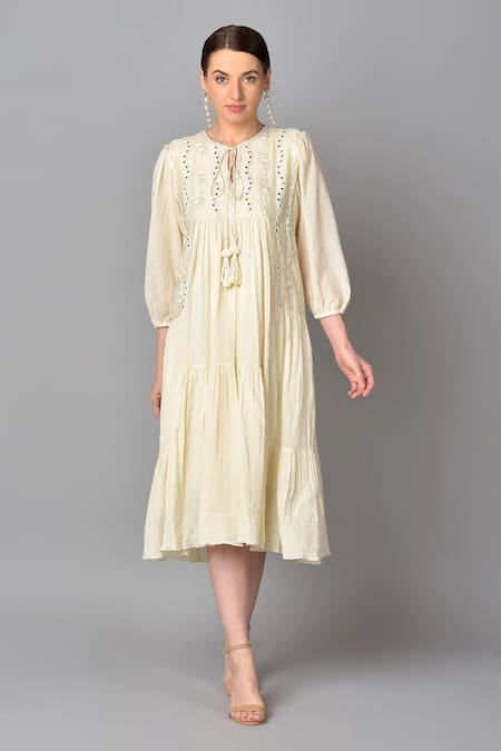 Keith Gomes_White Cotton Chiffon Round Embroidered Dress_Online_at_Aza_Fashions