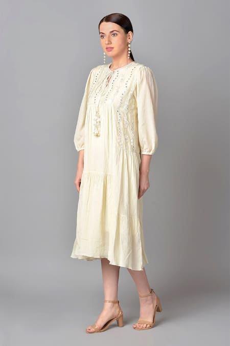 Buy_Keith Gomes_White Cotton Chiffon Round Embroidered Dress_Online_at_Aza_Fashions