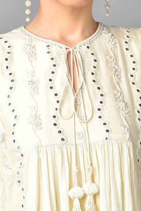 Keith Gomes_White Cotton Chiffon Round Embroidered Dress_at_Aza_Fashions