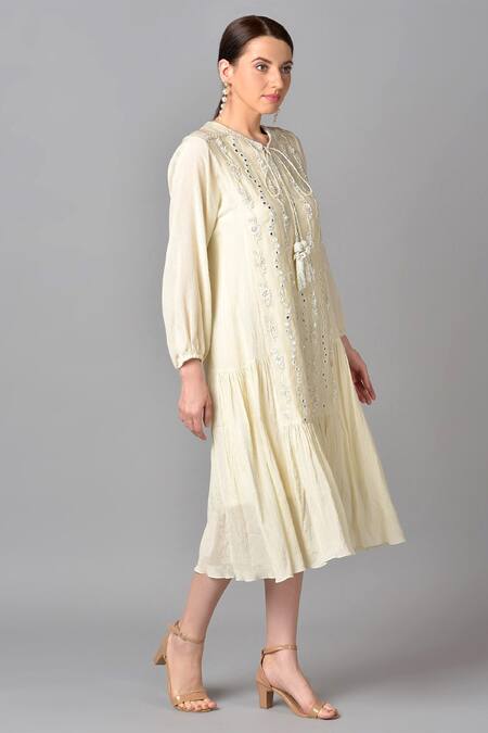Keith Gomes_White Cotton Chiffon Round Embroidered Dress_Online_at_Aza_Fashions