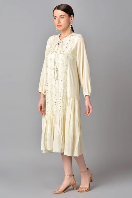 Buy_Keith Gomes_White Cotton Chiffon Round Embroidered Dress_Online_at_Aza_Fashions
