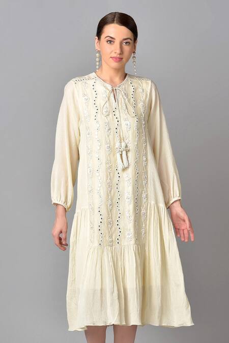 Shop_Keith Gomes_White Cotton Chiffon Round Embroidered Dress_Online_at_Aza_Fashions