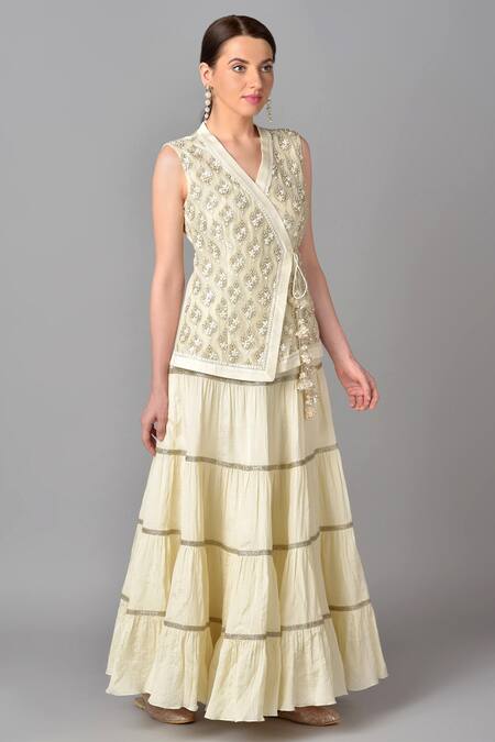 Keith Gomes_White Chanderi Silk, Cotton Chiffon V Neck Tunic Lehenga Set_Online_at_Aza_Fashions