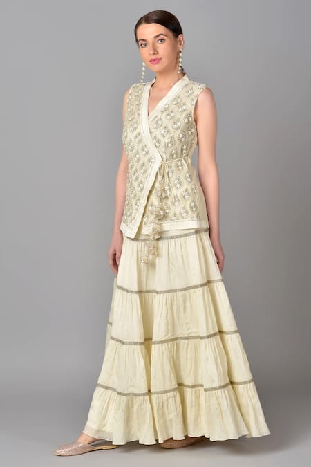 Buy_Keith Gomes_White Chanderi Silk, Cotton Chiffon V Neck Tunic Lehenga Set_Online_at_Aza_Fashions