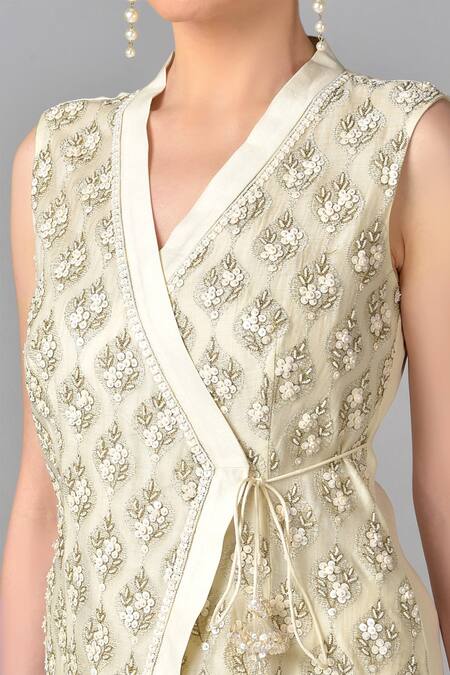 Shop_Keith Gomes_White Chanderi Silk, Cotton Chiffon V Neck Tunic Lehenga Set_Online_at_Aza_Fashions