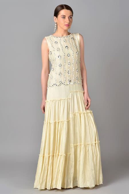 Keith Gomes White Chanderi Silk, Cotton Chiffon Round Embroidered Gown Online at Aza Fashions Keith Gomes_White Chanderi Silk, Cotton Chiffon Round Embroidered Gown _Online_at_Aza_Fashions